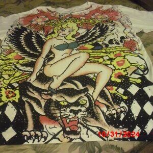 Ed Hardy T Shirt, Woman Sitting on CAT, Yellow, Pink, Black with Rhinestones!  L